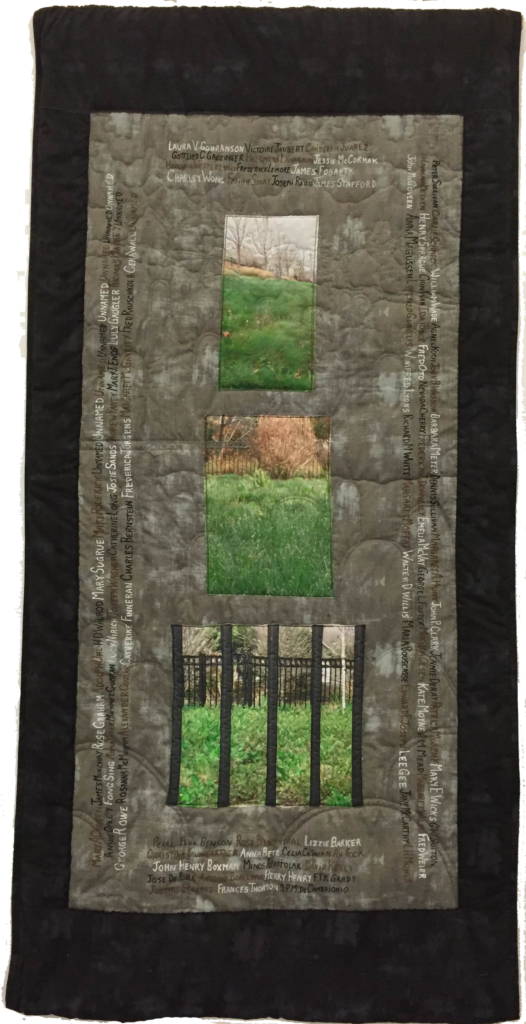 large quilt (87 x 44”) shows three photographs printed onto fabric. The photos show a grassy area with a surrounding 4 foot black metal fence. Outside the fence new townhouses can be glimpsed.